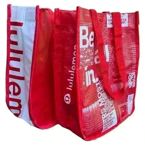 Lot of 2 Lululemon logo red & white SMALL reusable tote shopping bags - Picture 1 of 8